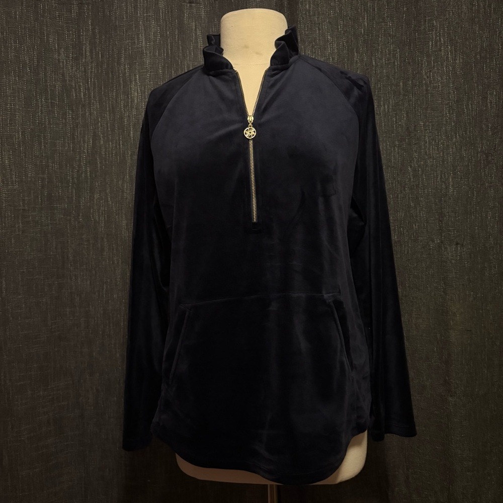 Lilly Pulitzer True‎ Navy Blue Skipper Ruffle Velour Popover Pullover (Large)